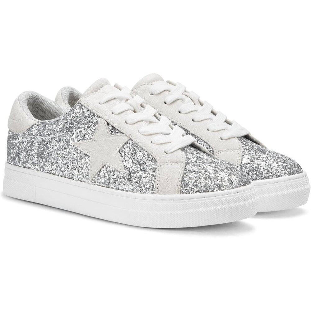 Womens Silver Rhinestone Glitter Star Low Top Comfortable Walking Sneakers Shoes